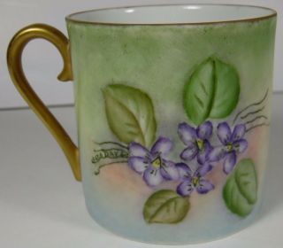 Rare Antique Vintage Signed Alta Day Hand Painted Purple Floral Gold Mug France