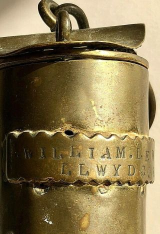 A VINTAGE MINERS LAMP.  WILLIAM.  LEWIS.  LLWYDCOED.  LAMP IS IN 3