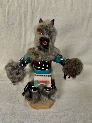 Vintage Native American Kachina Wolf Doll,  Signed Fur 10”