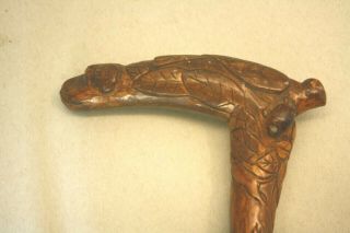 Antique Folk Art Carved Walking Stick Cane Dog Handle Bird Rabbit Turtle Horses