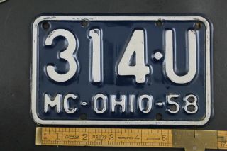 Vintage 1958 Ohio Motorcycle License Plate 314 - U