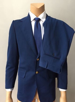 Men’s Retro 2 Piece Leisure Vintage 70s Collegiate Blue Flat Pants Suit Size 38r