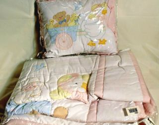 House Of Hatten Baby Blanket Quilt And Pillow / Ducks Sheep Birds Vintage