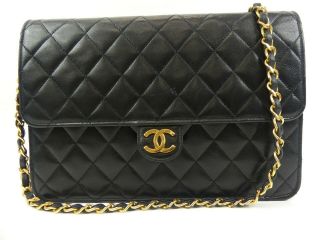 Ra1846 Auth Chanel Vintage Black Quilted Lambskin Push Lock Chain Shoulder Bag