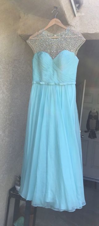 Vtg La Femme Jeweled Satin Chiffon Evening Formal Prom Party Dress Tiffany Blue