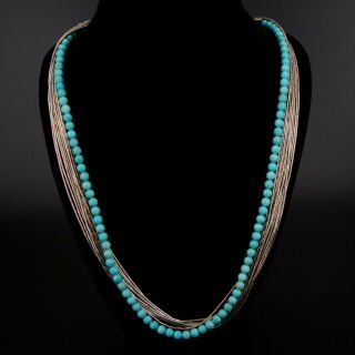 Vtg Sterling Silver Navajo Turquoise Bead Strand Liquid Silver Necklace - 42.  5g