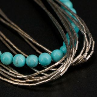 VTG Sterling Silver NAVAJO Turquoise Bead Strand Liquid Silver Necklace - 42.  5g 6