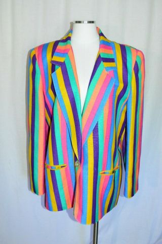 1980s Giorgio Sant Angelo Rainbow Stripe Linen Blend Jacket Blazer Size 16