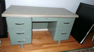 Vintage Metal Desk Blue - Green Mid - Century Office Industrial Tanker