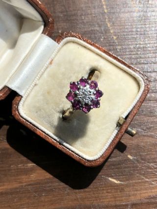 Vintage Yellow Gold Ruby And Diamond Cluster Ring Band Flower Head