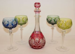 Val St Lambert Cranberry Cut To Clear Decanter W/4 Wine Hock Goblets