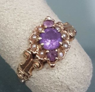 Vintage Amethyst & Seed Pearl Ring 8k Yellow Gold Size 3.  5