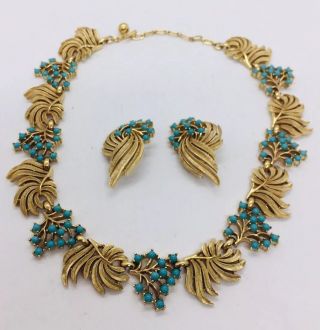 Trifari Vintage Yellow Gold Plated Blue Turquoise Necklace & Earrings Set