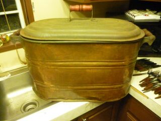 Vintage Large Copper Boiler Wash Tub Basin With Lid And Wood Handles