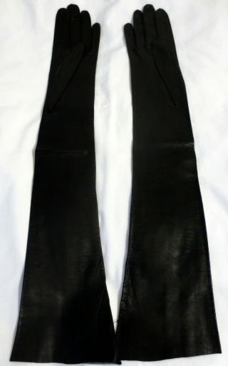 Vintage Mantessa Long Black French Kidskin Leather Opera Gloves,  Size 7,  20.  5 "