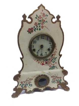 Primitive Antique French Colonial Wood,  Bronze & Enameled Porcelain Mantle Clock