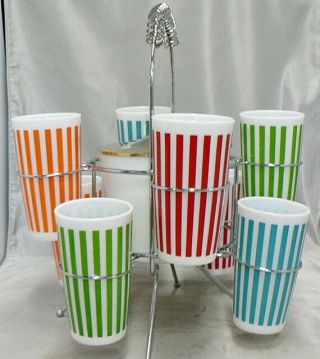 Rare Set Of 8 Hazel Atlas Candy Stripe Glasses With Carrier & Ice Bucket
