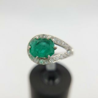 Vintage 14k White Gold Natural 1.  5 Ct Green Emerald Diamond Ring