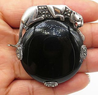 925 Silver - Vintage Black Onyx Marcasite Accented Jaguar Brooch Pin - Bp2923