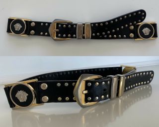 Rare Vintage Authentic Gianni Versace Italy Metal Medusa Studded Leather Belt 65