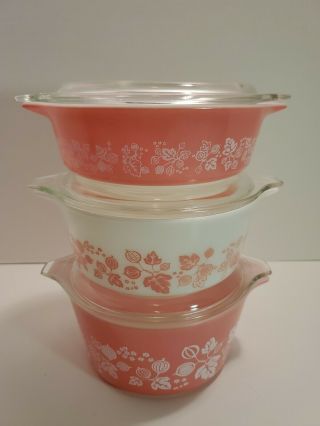 Vintage Pyrex Pink Gooseberry Casserole Dish Bowls 471 472 473 Set With Lids 6pc