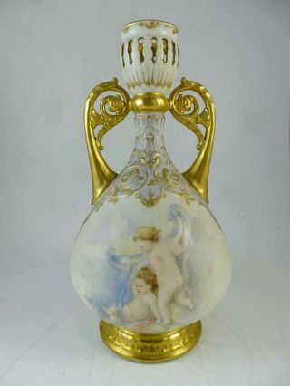 Antique Limoges Porcelain Table Vase Cherub Hand Painted France Handled Urn Vtg