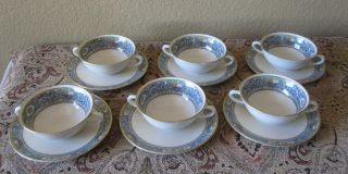 6 Rare Vintage Two Handle Cream Soup Bowls With Under Plates