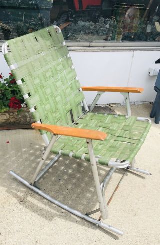 Vintage Aluminum Webbed Folding Lawn Chair Rocker Wood Handles Read