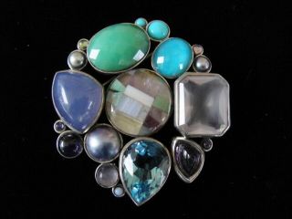 Stephen Dweck Sterling Silver With Multi Gemstone Pin Brooch Rare Hard To Find
