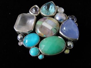 STEPHEN DWECK Sterling Silver with Multi Gemstone Pin Brooch Rare Hard to Find 3