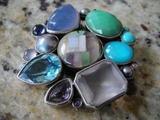 STEPHEN DWECK Sterling Silver with Multi Gemstone Pin Brooch Rare Hard to Find 8