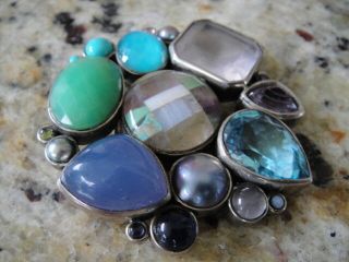 STEPHEN DWECK Sterling Silver with Multi Gemstone Pin Brooch Rare Hard to Find 9
