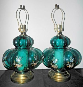Gwtw Vintage 3 - Way Fancy Green Glass Floral Display Hurricane Table Lamp