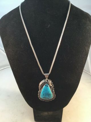 Vintage Navajo R Bennett Sterling Silver.  925 Turquoise Pendant Necklace S1630