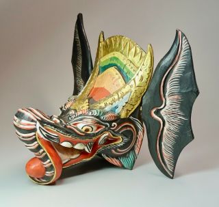 Large Vintage Bali Indonesia Hand Carved Polychrome Wood Bat Dragon Barong Mask