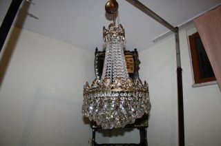 Antique Vintage French Basket Crystal Chandelier Brass Ceiling Lamp 14  DIAMETR 10
