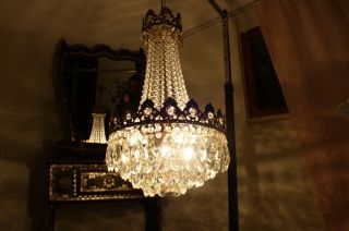 Antique Vintage French Basket Crystal Chandelier Brass Ceiling Lamp 14  DIAMETR 2