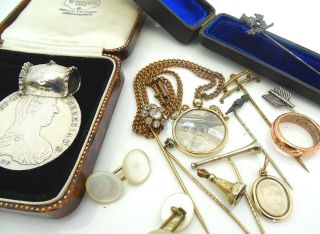Antique Vintage 9ct Sailors Locket,  Stick Pins,  Double Pendant,  Silver Coin,  Fob
