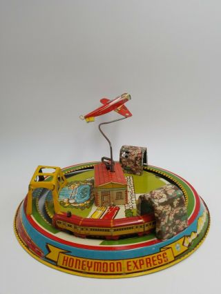 Antique Vintage Marx Tin Litho Toy Honeymoon Express Train With Airplane