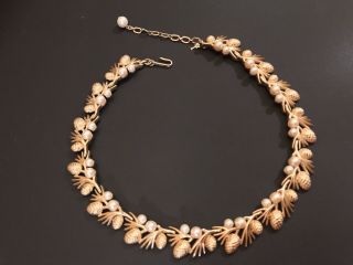 Vintage 1960s Crown Trifari Gold Tone Faux Pearl Acorn Necklace