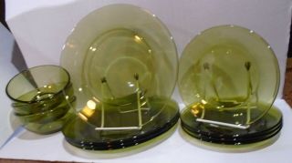 11pc Vintage Olive Green Clear Glass Dinnerware 4 Ea Dinner/salad Plates 3 Bowls