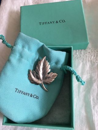 Vintage Tiffany & Co Sterling Silver Maple Leaf Brooch Pin Signed Box Pouch