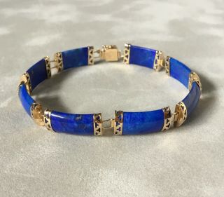 Stunning Vintage 9ct 9k 375 Yellow Gold & Natural Lapis Lazuli 8 Panel Bracelet