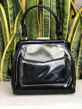 Vintage Black Patent Leather Handbag Evening Bag Clutch Purse Vtg 50s 60s Gold