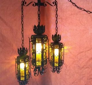 Vintage 1960s Gothic Medieval Spanish Iron & Amber Glass 3 Light Hanging Fixture