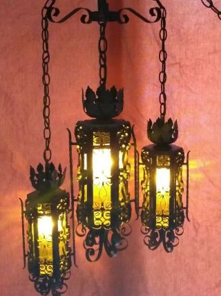 Vintage 1960s Gothic Medieval Spanish Iron & Amber Glass 3 Light Hanging Fixture 2
