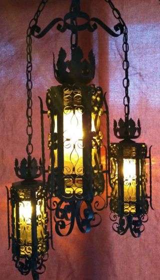 Vintage 1960s Gothic Medieval Spanish Iron & Amber Glass 3 Light Hanging Fixture 3