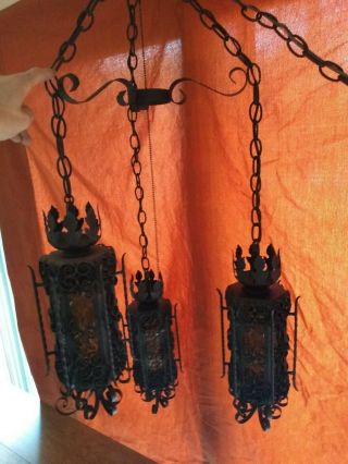Vintage 1960s Gothic Medieval Spanish Iron & Amber Glass 3 Light Hanging Fixture 4