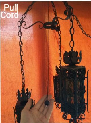Vintage 1960s Gothic Medieval Spanish Iron & Amber Glass 3 Light Hanging Fixture 5