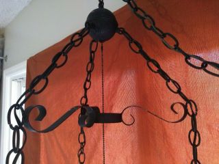 Vintage 1960s Gothic Medieval Spanish Iron & Amber Glass 3 Light Hanging Fixture 6